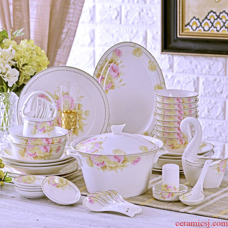 The Open tableware suit 60 head jingdezhen bowls of ipads plate chopsticks tall bowl to send gift set fair as the wind