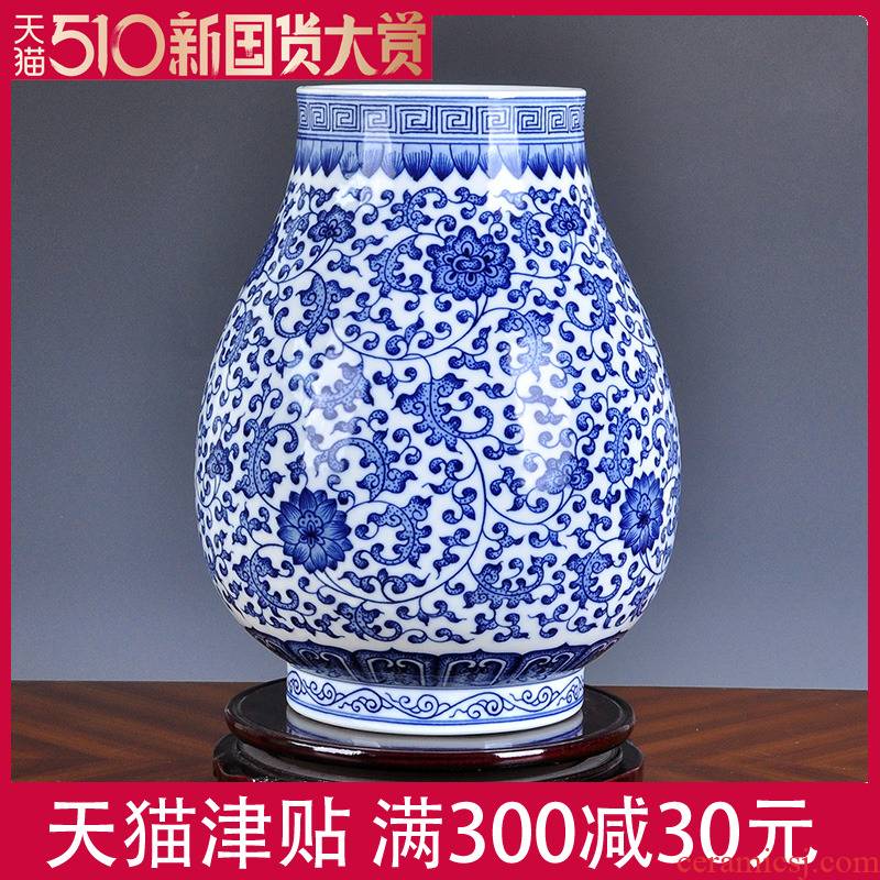 Jingdezhen ceramic antique blue and white porcelain vase planting dry flower lucky bamboo water raise living room TV ark, rich ancient frame furnishing articles