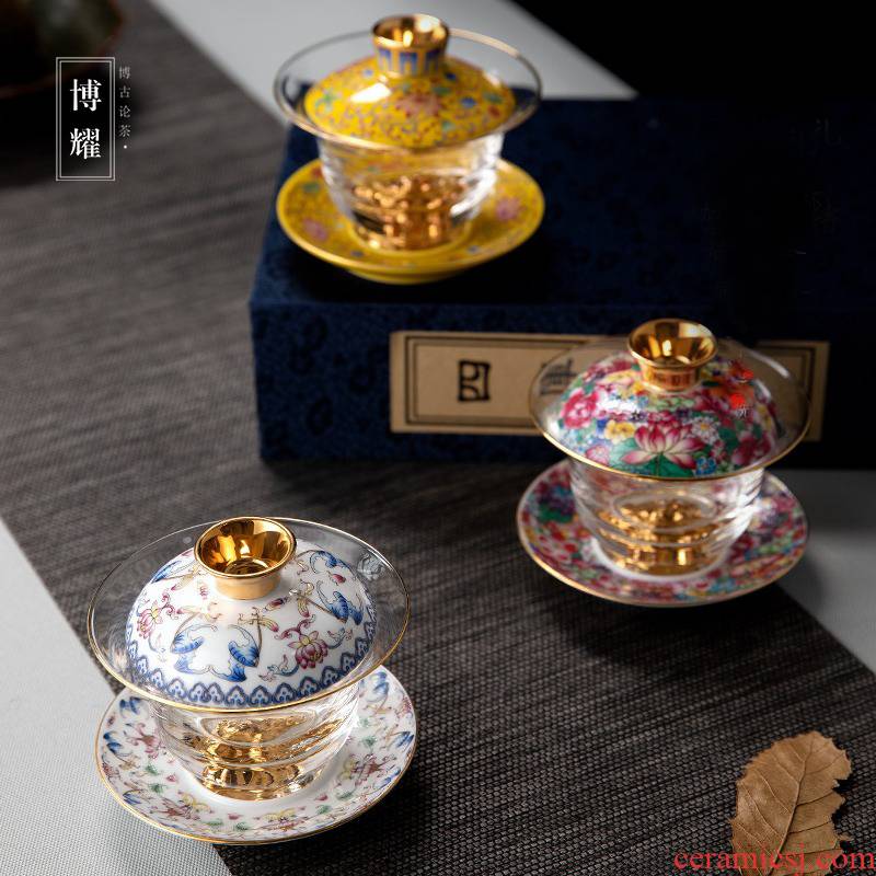 Bo yiu-chee ceramic colored enamel glass tureen large cups upset three to make tea bowl tea set home