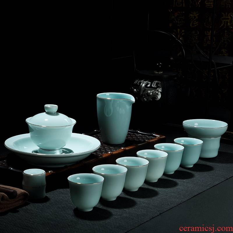 Old & hand - made celadon kung fu tea set a complete set of white porcelain household contracted tureen cup teapot gift set