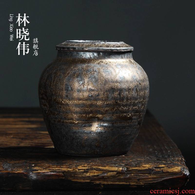 Coarse pottery caddy fixings household small gold glaze ceramic seal tank receives kung fu tea tea POTS box