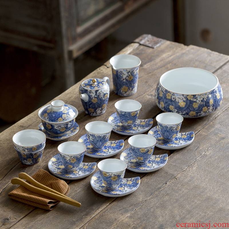 Blue and white porcelain tea set household modern Chinese jingdezhen ceramics coppering. As silver teapot teacup gift box package
