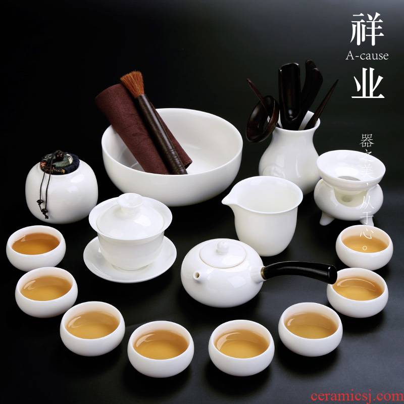 Auspicious industry dehua suet jade porcelain white porcelain kung fu tea sets tea cup home office to receive a visitor the make tea pot lid bowl