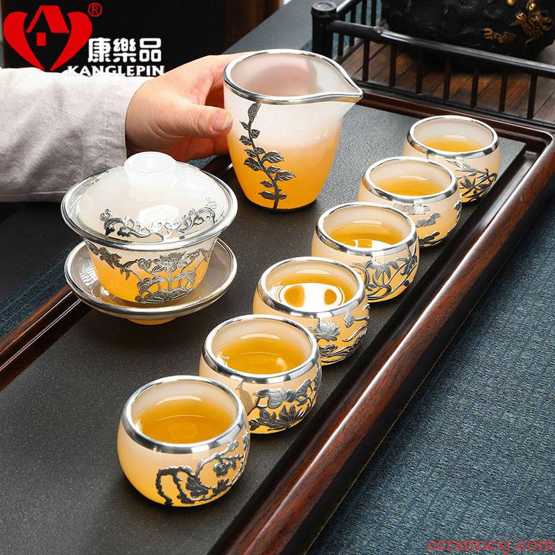 Recreational product an inset jades coloured glaze jade porcelain kung fu tea set with silver tureen fair keller cups of a complete set of gift boxes