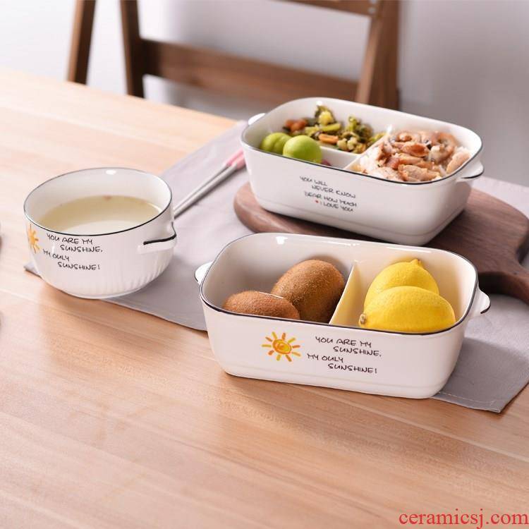 With cover space ceramic lunch box, the microwave for two or three points bento lunch box rectangle sealing bowl