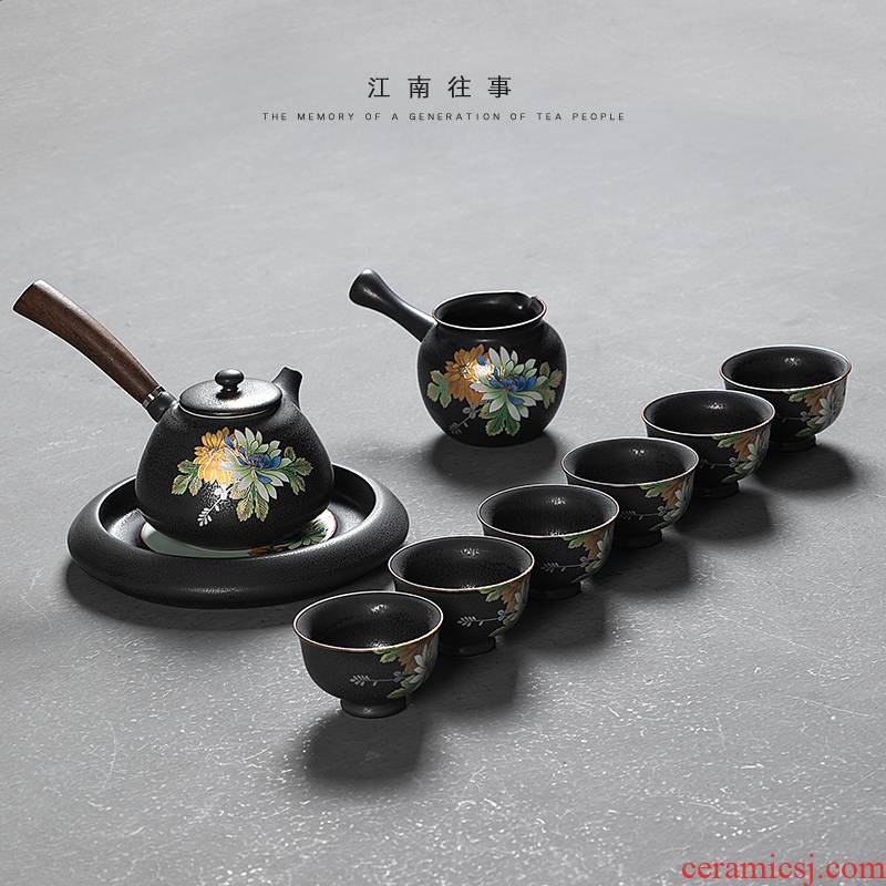 Jiangnan past kung fu tea set suit Japanese side put the pot of black up ceramic teapot teacup household whole