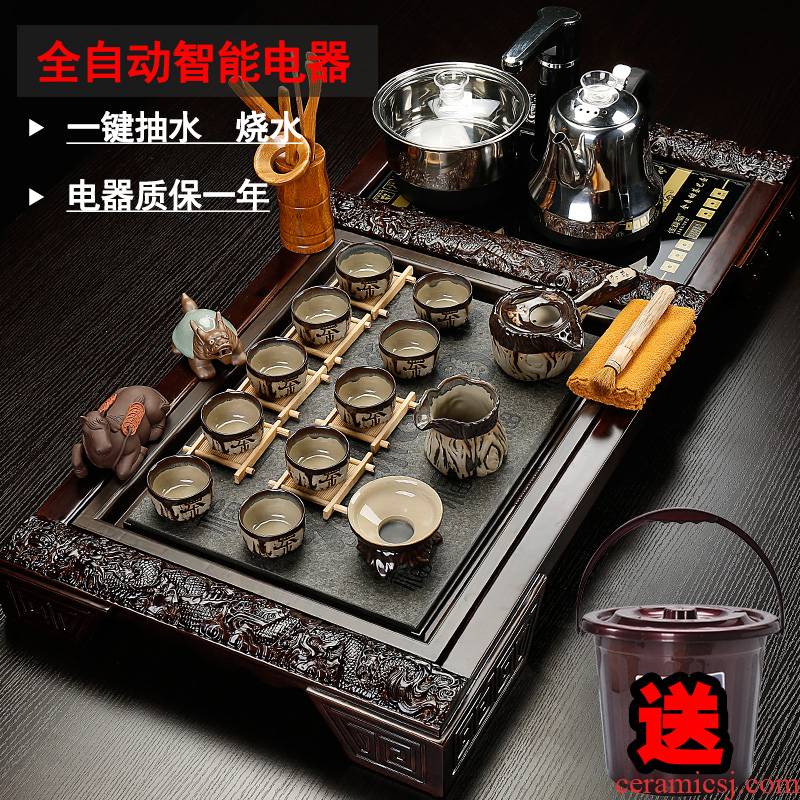 Back on purple sand tea set ceramic contracted household whole kung fu tea set solid wood tea tray automatically
