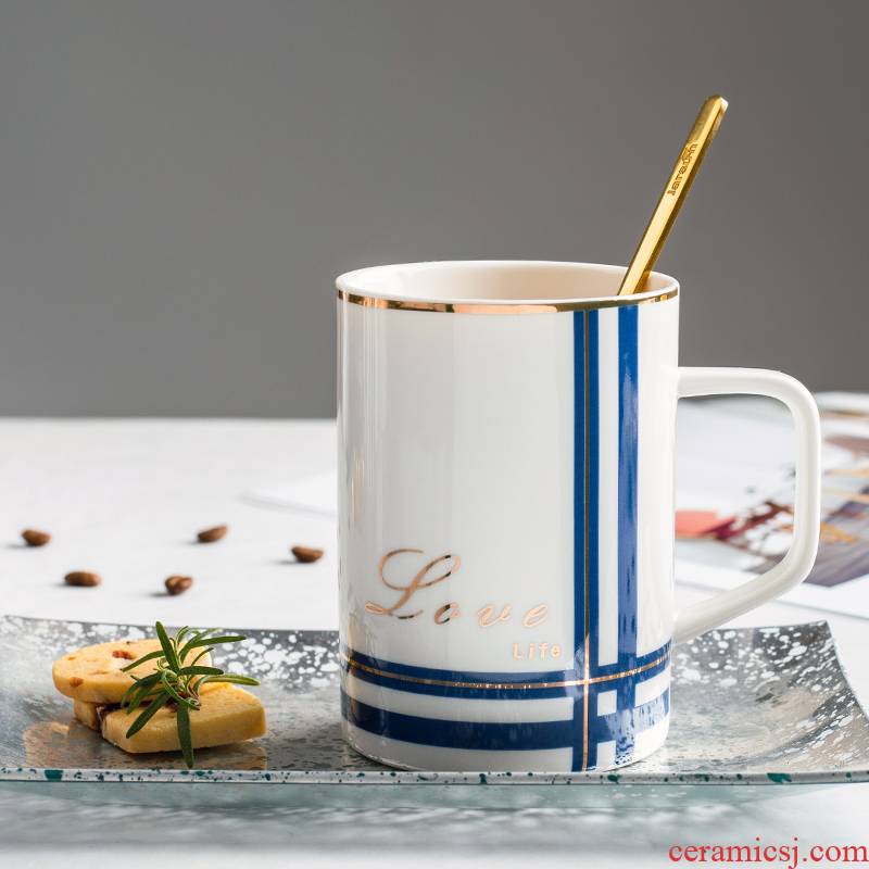 Creative Nordic ins ceramic cup with cover teaspoons of move of men and women lovers tide mark water cup home coffee cup