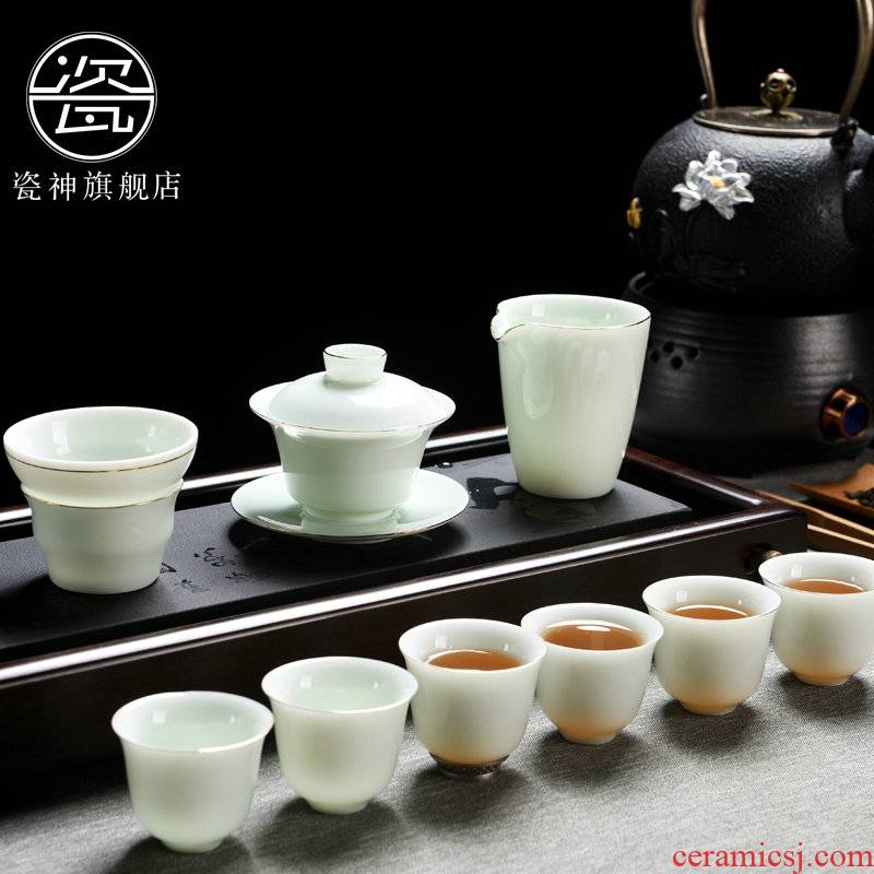 Dehua porcelain god emerald green jade into the household ceramics glaze kung fu tea set the teapot tea cup set contracted