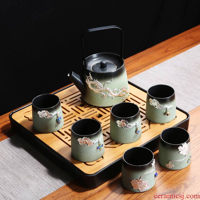 Tasted silver gilding girder pot of tea set to restore ancient ways variable kung fu tea red glaze, a complete set of ceramic teapot teacup