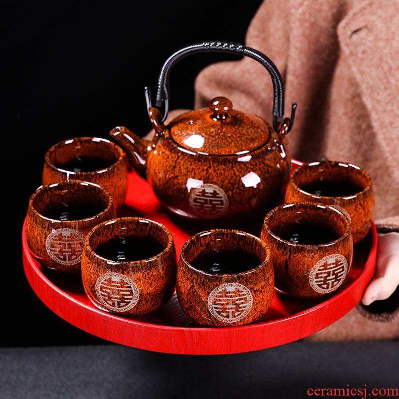 Wedding tea suit household of Chinese style Wedding package ceramic big red tea cup teapot tea tray teapot