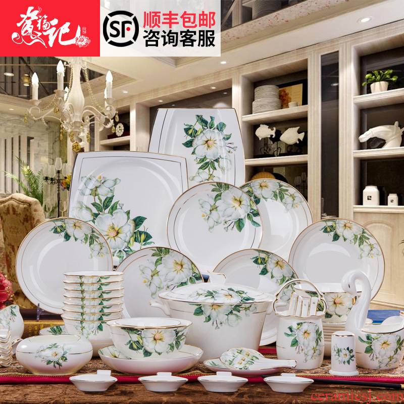 Dishes and cutlery set 60 head paint by hand ipads porcelain tableware Chinese rural household ceramic bowl dish dish sets