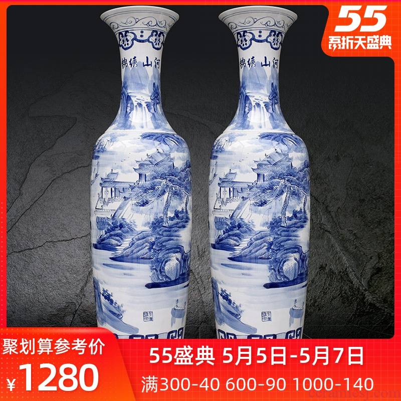 Blue and white porcelain of jingdezhen ceramics hand - made scenery splendid sunvo landing big vase household hotel furnishing articles