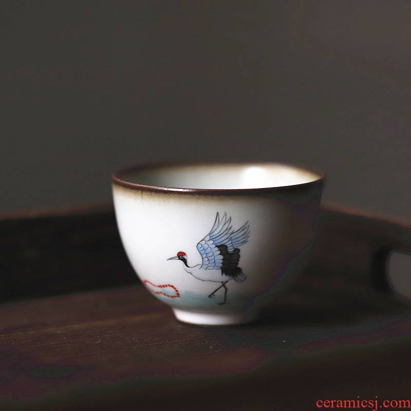 Set the word lettering hand - drawn cranes jingdezhen porcelain masters cup cup manual tire iron piece can raise kung fu tea cups