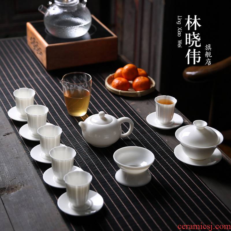White porcelain tea set household kung fu tea set porcelain of a complete set of I and contracted suet jade tureen ultimately responds tea pot