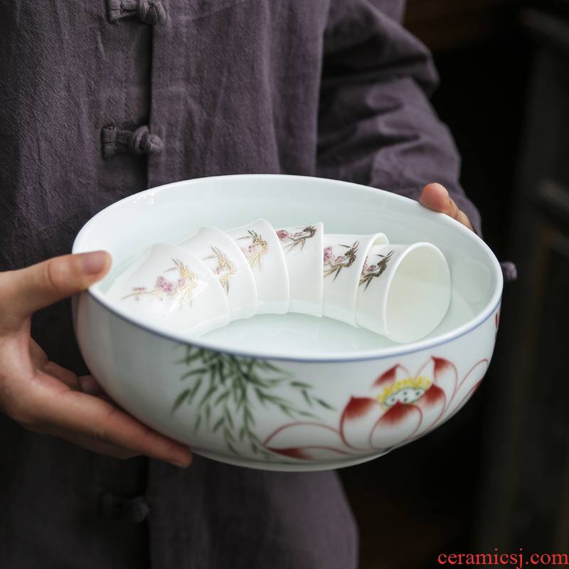 White porcelain hand - made tea to wash large ceramic household tea tea accessories writing brush washer bowl cups ashtray pot water to wash