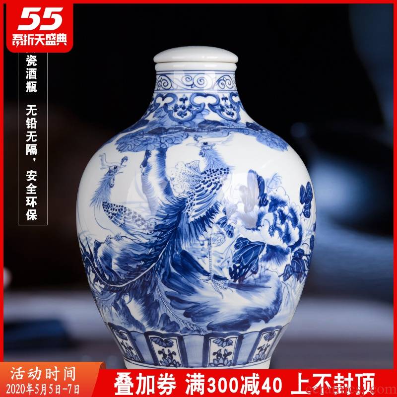 Blue and white porcelain of jingdezhen ceramics collection manual medicine bottle wine bottle mercifully 30 kg jar hand - made of phoenix