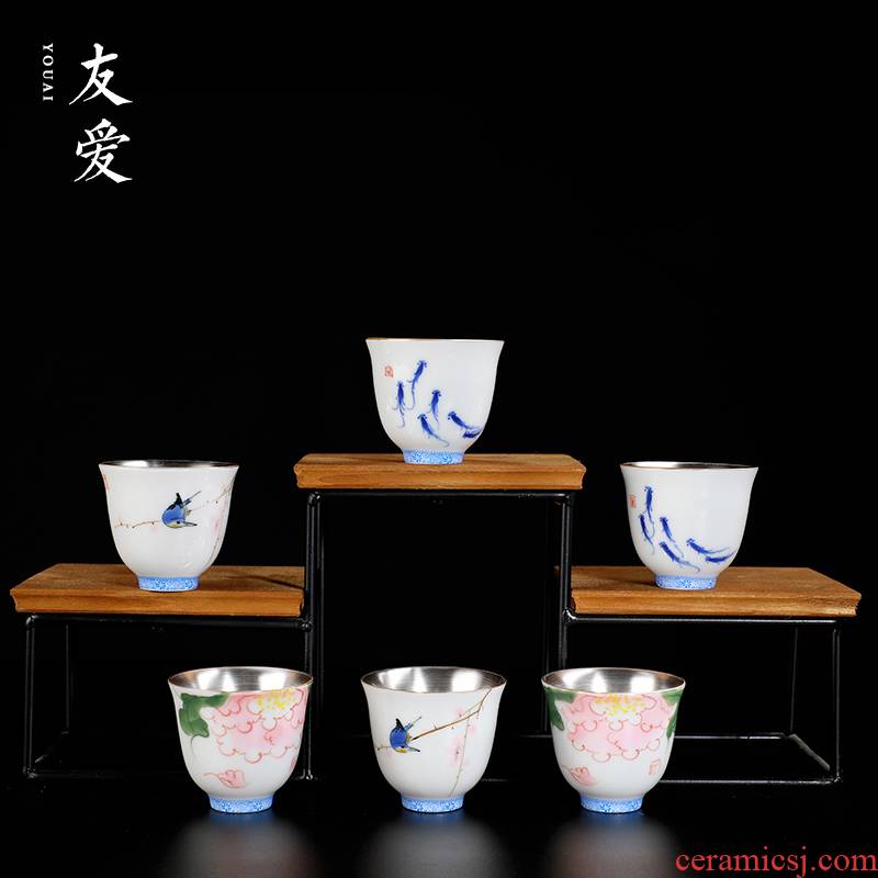 Love the hand - made small cup silver cup 999 kung fu tea set ceramic coppering. As fragrance - smelling cup name silver tea cup