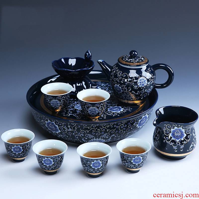 Blue and white porcelain tea set Japanese water dry home side of kung fu tea set the ceramic pot three bowls of tea cups