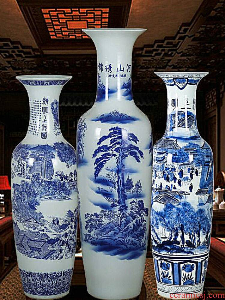 Jingdezhen ceramics large ground blue and white porcelain vase landscape figure sitting room adornment of Chinese style hotel furnishing articles flower arrangement