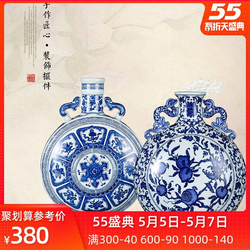 Jingdezhen ceramics vase hand - made archaize ears flat bottles of blue and white porcelain rich ancient frame furnishing articles sitting room peach branches