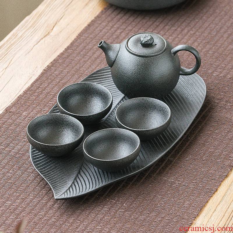 A pot of black pottery stem four cups of tea set office home zen tea tray cup teapot creative kung fu tea set