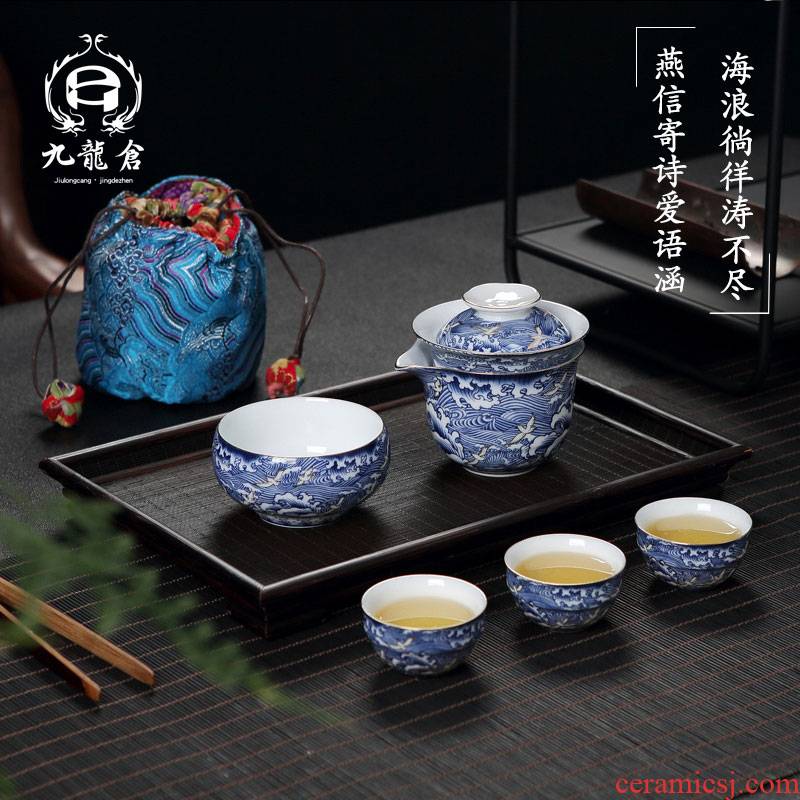 Travel tea set suit portable bag type of blue and white porcelain teapot is suing the car Travel to crack a pot of three cups