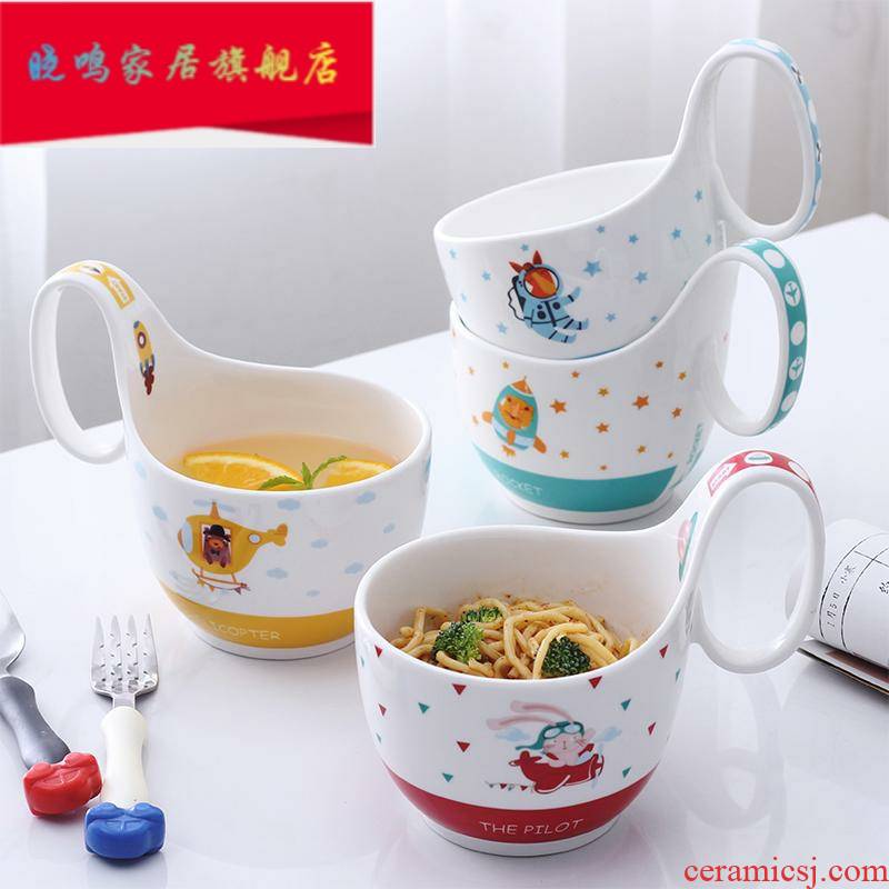 The Children 's cartoon ceramic bowl soup cup bowl big boy students creative breakfast cup baby bowl bowl with the handle