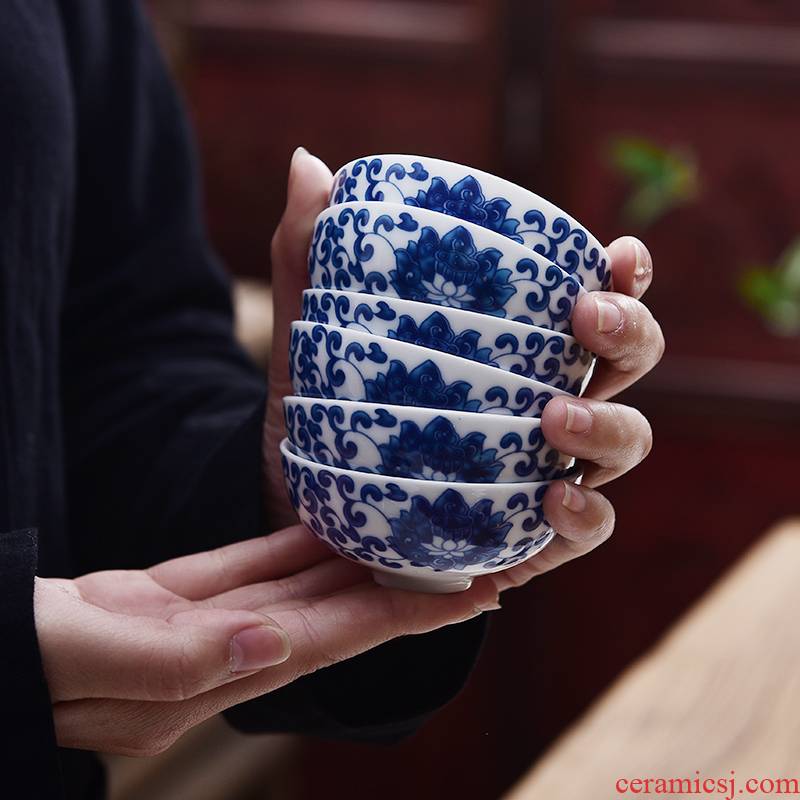 Ancient youligong tangled branches of rooster lotus 6 suit bucket color blue and white chenghua 280 small daming household porcelain cups