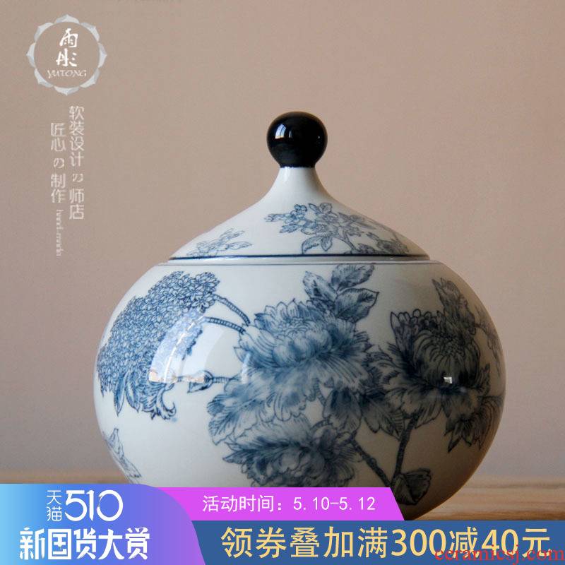 Rain tong home | jingdezhen blue and white ceramics freehand brushwork pointed creative household furnishing articles storage tank with cover pot
