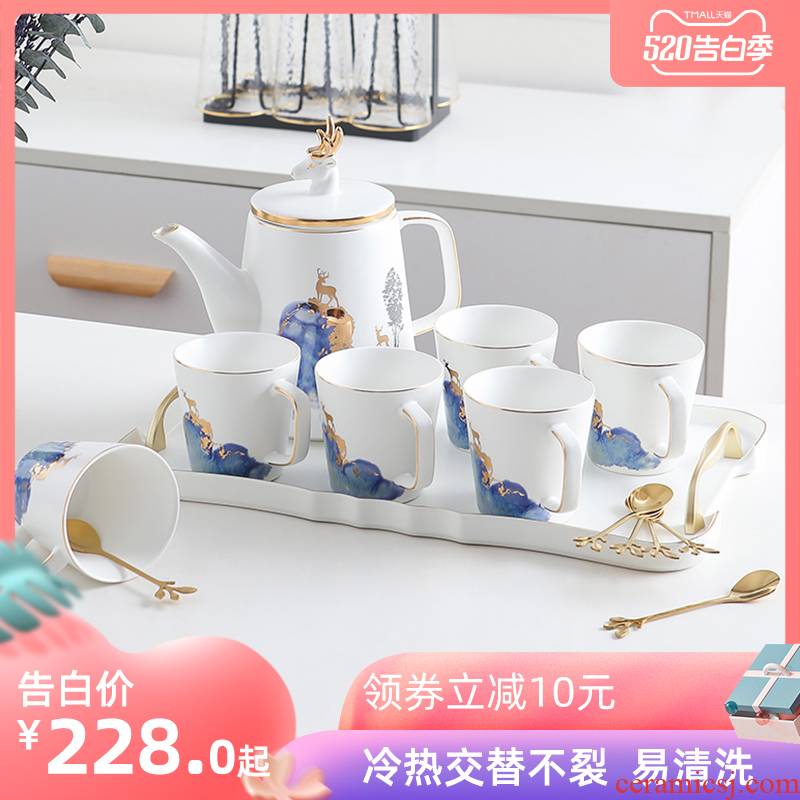 Tea set household Nordic ceramic teapot teacup drinking cup contracted sitting room light key-2 luxury water cup with a complete set