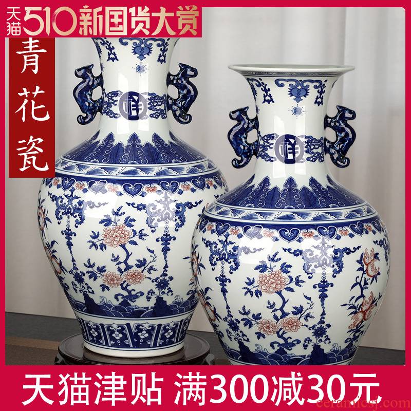 Antique Chinese blue and white porcelain art big vase furnishing articles home sitting room office rich ancient frame decorative flower arrangement