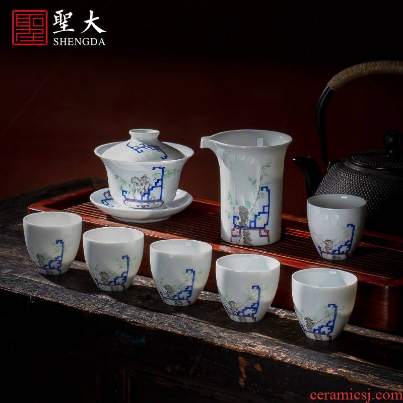 Holy big ceramic kung fu tea set eight head of a complete set of jingdezhen blue and white color bucket antique hand - made figure set of tureen household