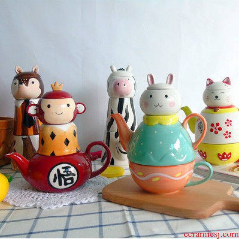 Package mail jingdezhen express cartoon animals hand - made under glaze color porcelain tea teapot teacup gifts sets