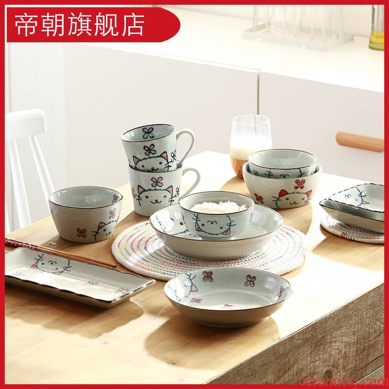 Lovely meng is a cat ceramic tableware wedding gift dishes suit household chopsticks cartoon Korean Japanese dishes