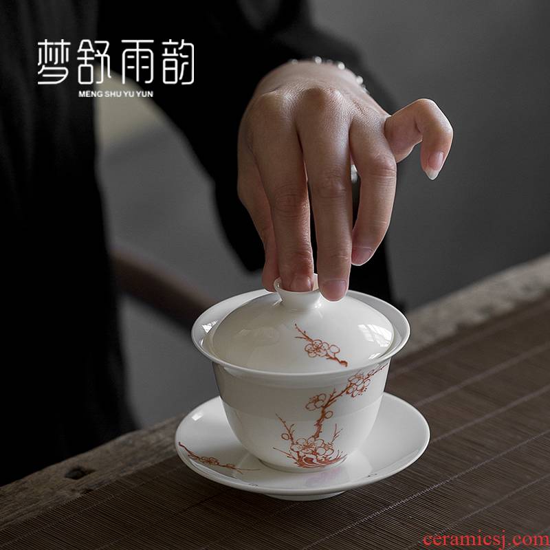 Three only dream ShuYu rhyme suet jade hand made white porcelain tea tureen ceramics single kung fu tea cups Japanese