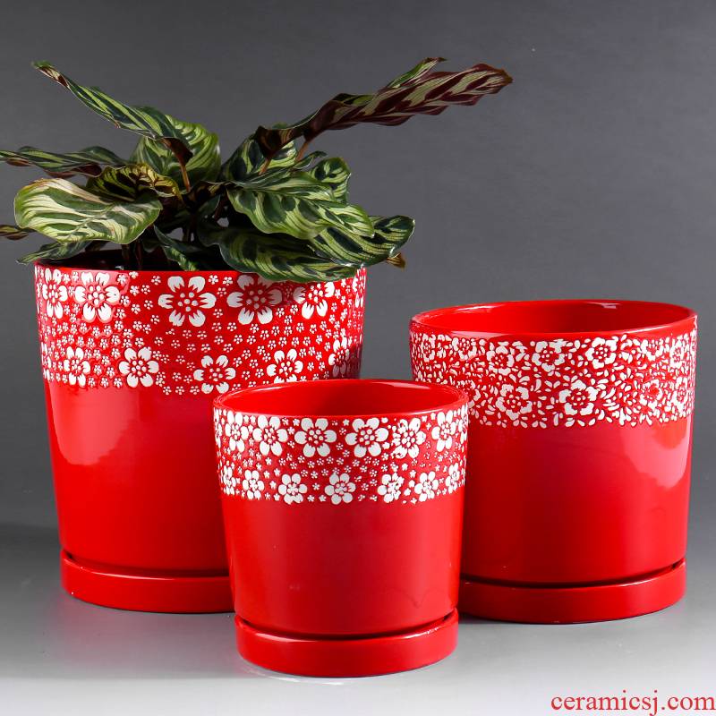 Extra large red ceramic flower pot with tray was contracted indoor desktop household more than other meat flowerpot ceramic clearance