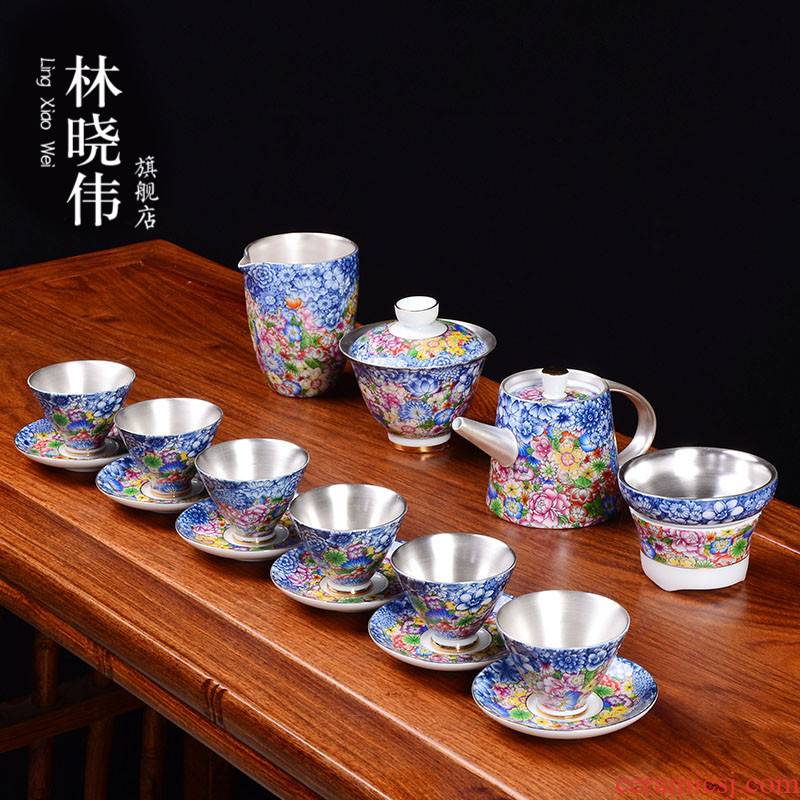 Jingdezhen coppering. As silver tea set colored enamel porcelain of a complete set of kung fu tea set with silver tureen teapot teacup cup mat