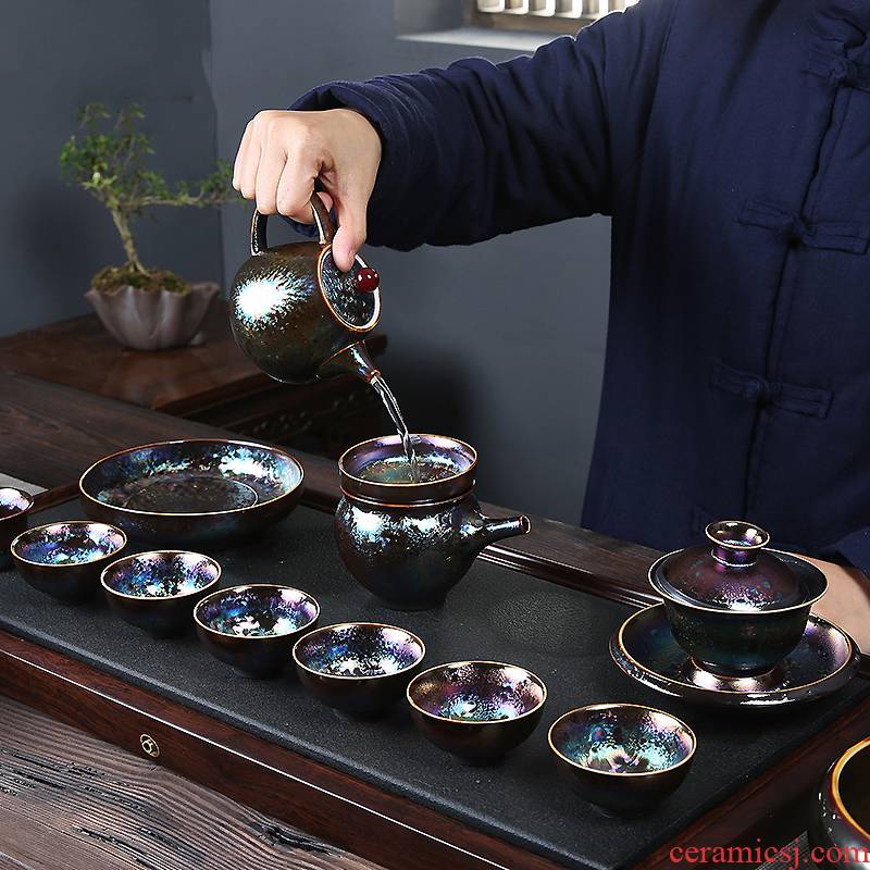 Variable temmoku glaze colorful peacocks suit coarse pottery teapot tea tea set, ceramic lid bowl of a complete set of combination