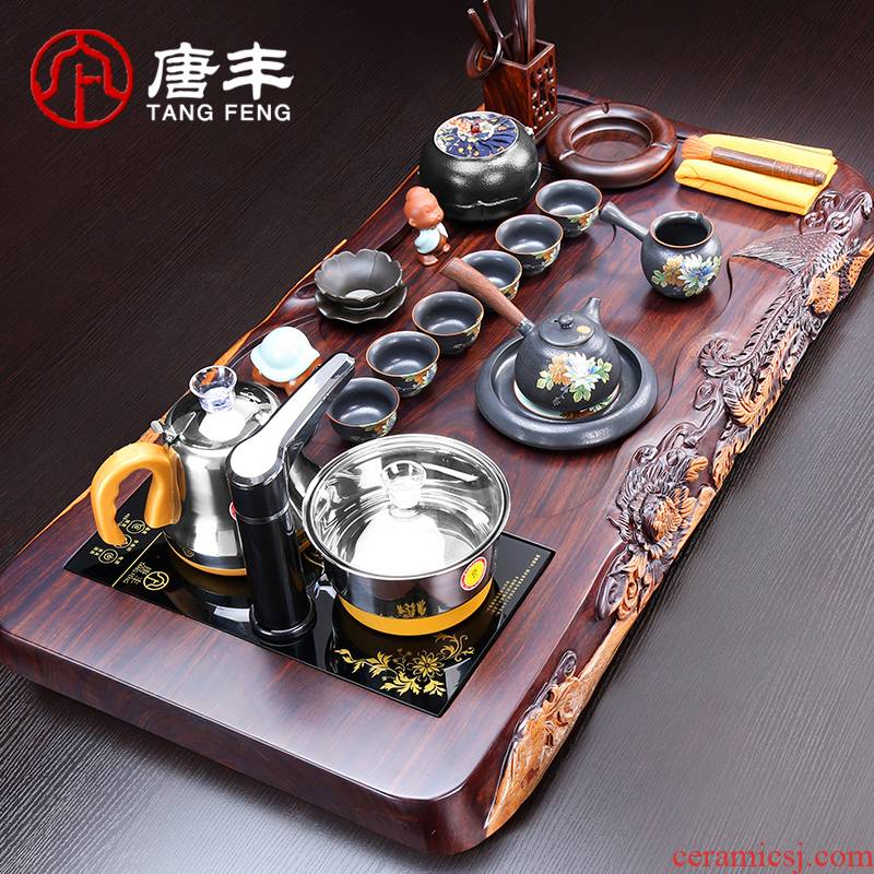Tang Feng sheet of ebony carved tea tray tea tea purple sand pottery and porcelain of a complete set of kung fu tea set four unity