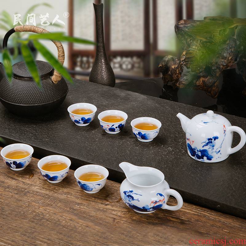 Jingdezhen ceramic tea set 8 head hand - made under glaze color porcelain kung fu tea tea set of gift bag in the mail