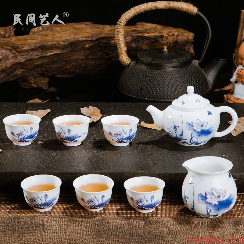 Jingdezhen ceramic kung fu tea set high white porcelain 6 people a complete set of tea set of blue and white porcelain teapot teacup