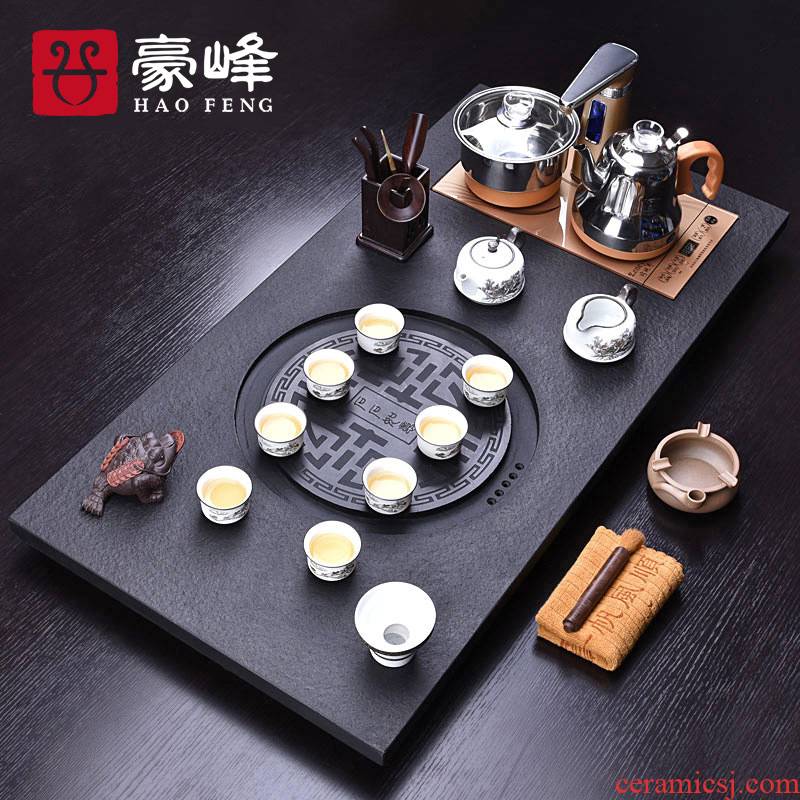 HaoFeng purple sand tea set home four unity sharply stone solid wood tea tray automatically kung fu tea tea tea