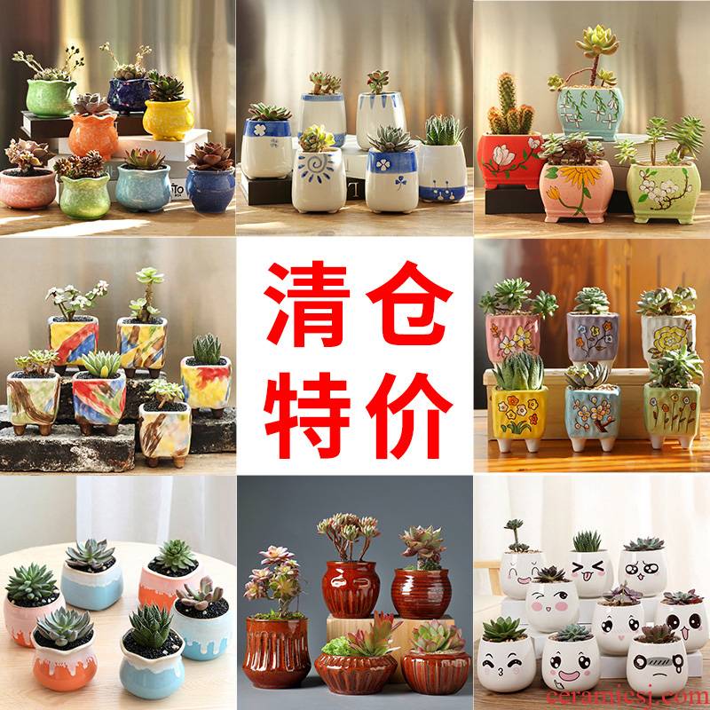 Fleshy flowerpot pack mail special offer a clearance package combination of creative move coarse pottery breathable flesh pottery pot the plants