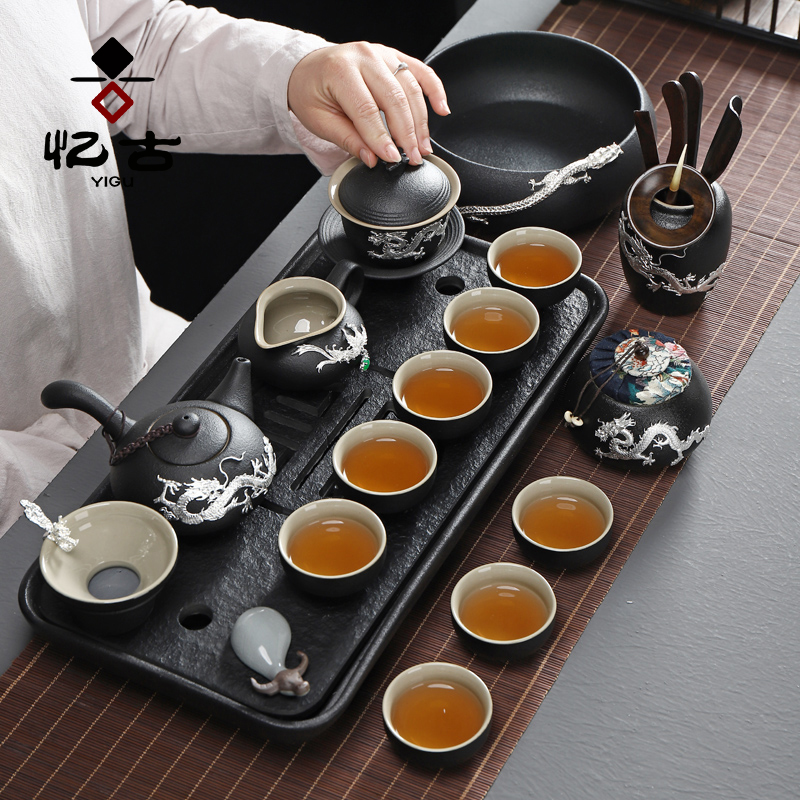 With silver, black pottery tea set home office contracted Japanese kung fu tea set ceramic tea cup lid bowl
