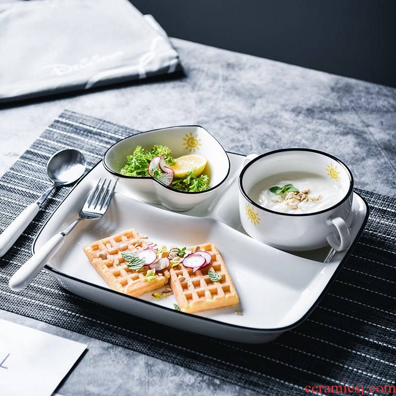Creative meal plate ceramic tableware suit household children in kindergarten student canteen compartment FanPan bowl of separation