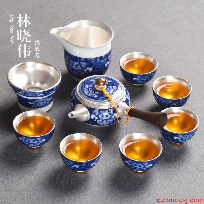 Jingdezhen blue and white porcelain tea set suit Japanese household silver ceramic kung fu tea set side of a complete set of the pot of tea cups