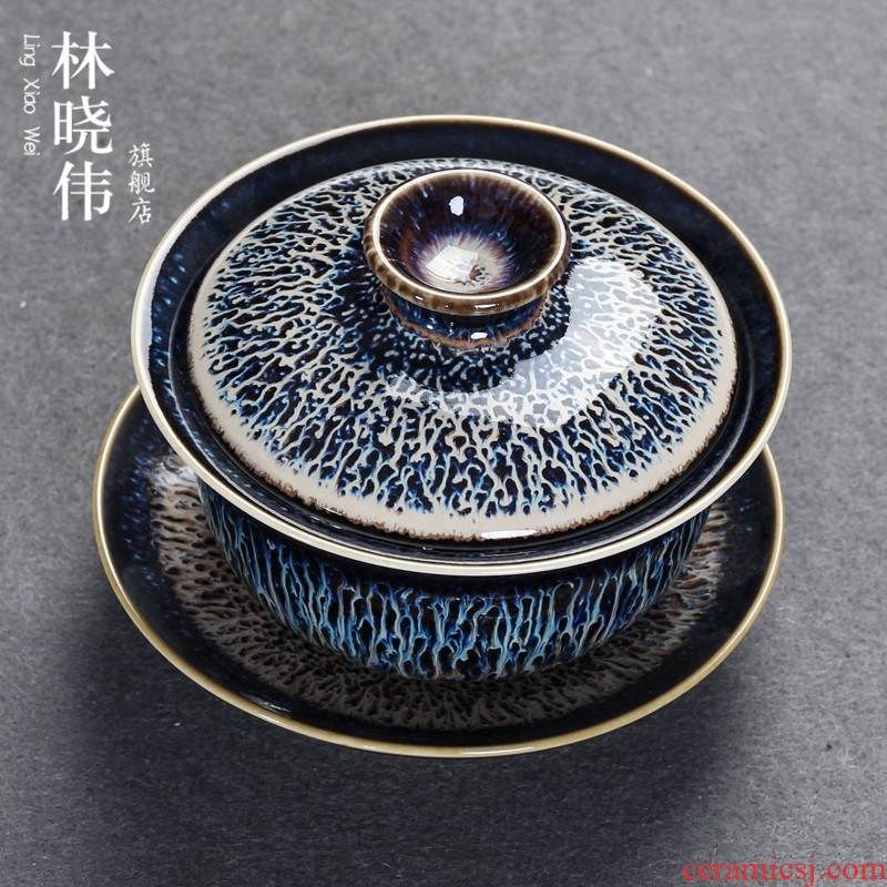 Jingdezhen ceramic up temmoku glaze teacup tureen large pure manual kung fu tea set three bowl of tea cup masterpieces
