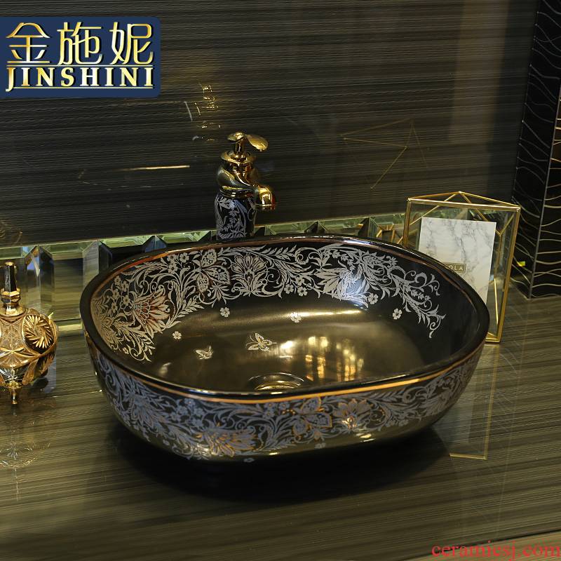 Gold cellnique black ceramic contracted art on the stage of the basin that wash a face basin of Chinese style sink basin of wash one 's hands and oval