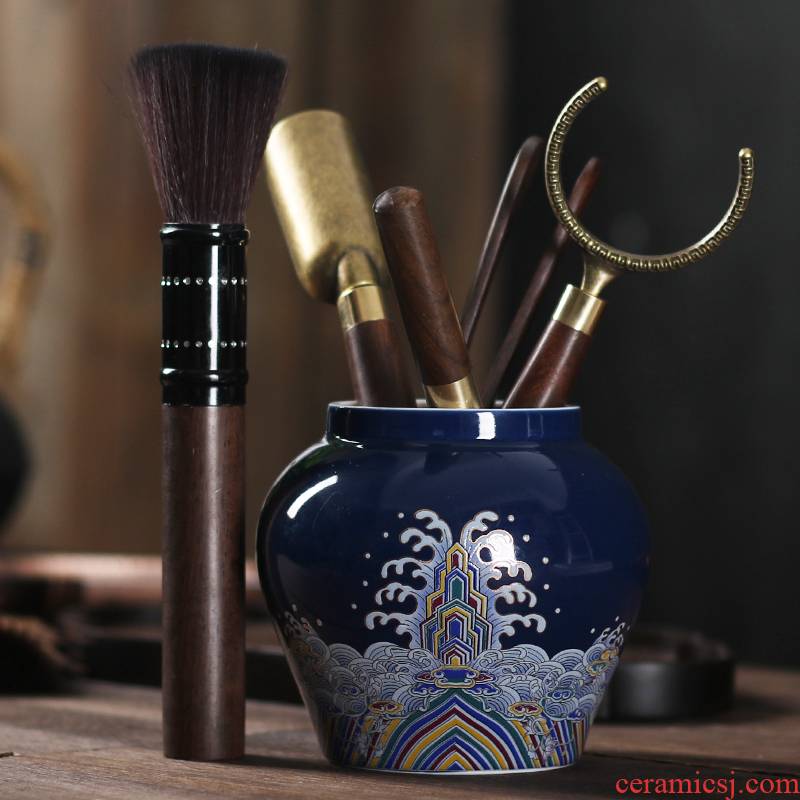 Ebony wood tea six gentleman 's suit household kung fu tea accessories ceramic POTS ChaGa tea spoon, knife